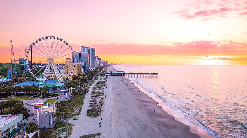 Aerial view of the coast in Myrtle Beach, South Carolina.