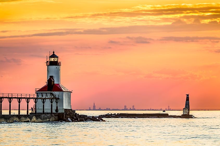 Washington Park in Michigan City with mirage-like Chicago skyline in background.