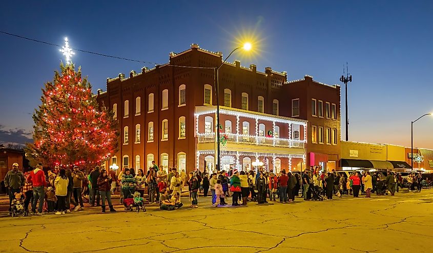 Night view of many people waiting for the Purcell's Christmas Parade, Oklahoma.