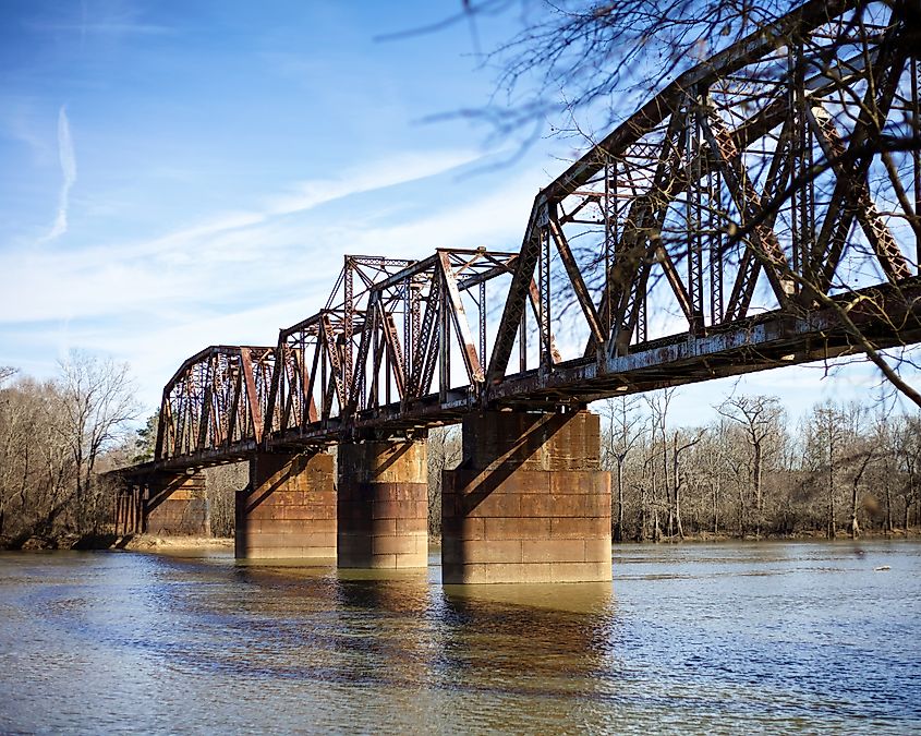 Railroad bridge over Santee River in Jamestown, South Carolina.