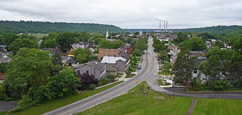 Aerial landscape phot of downtown Main Street in Madison, Indiana.