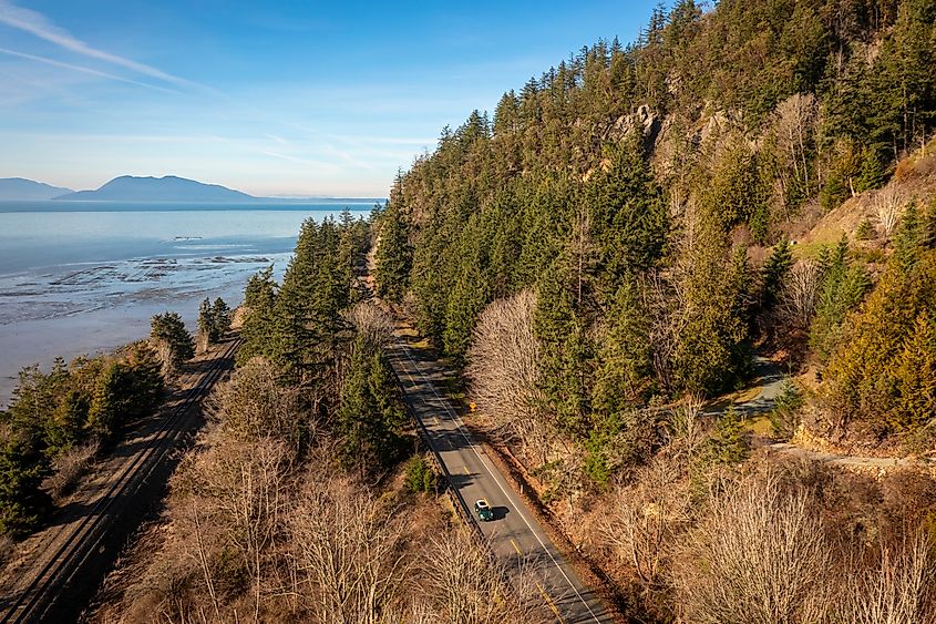 Aerial view of the historic Chuckanut Drive in Washington.