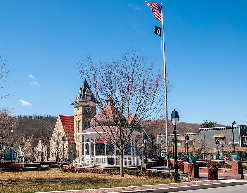 A gazebo and church in Ligonier, Pennsylvania