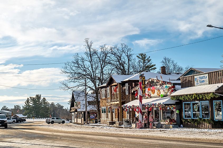 Main Street buildings decorated for Christmas in Nisswa, Minnesota