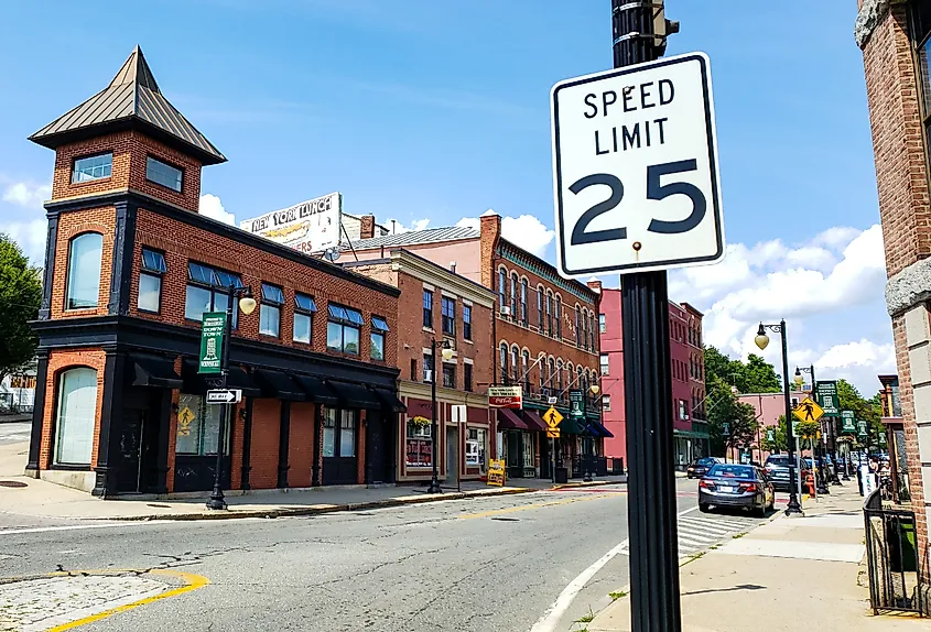 Downtown street in Woonsocket, Rhode Island.