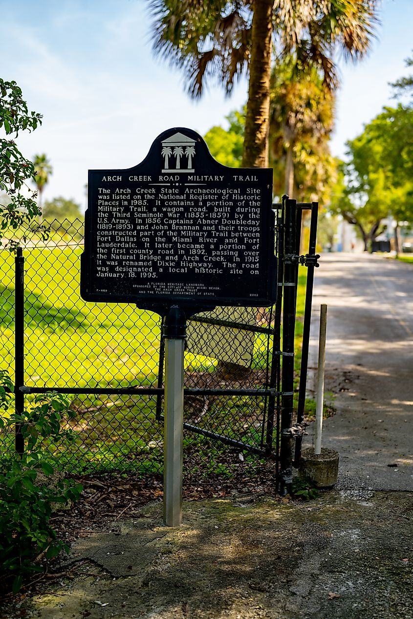 Sign at the Arch Creek Road Military Trail in Miami, FL, USA. Editorial credit: Felix Mizioznikov / Shutterstock.com