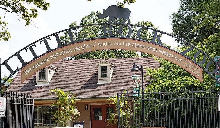 The entrance gate of the Little Rock Zoo in the state capitol of Little Rock.