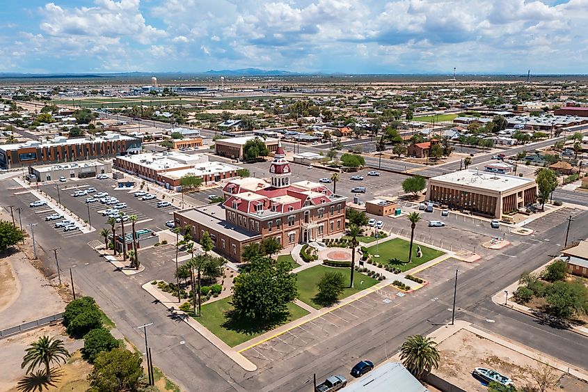 Drone view of the historic Pinal County Courthouse in Florence, Arizona.