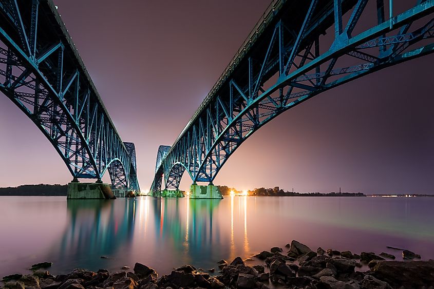 The South Grand Island Bridge spans the Niagara River in Upstate New York, connecting Grand Island to the mainland. 