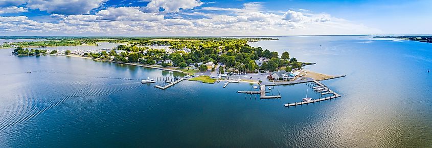 Aerial panoramic view of Oxford, Maryland.