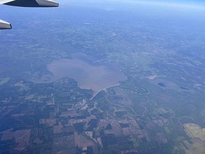 Aerial view of Millwood Lake, seen from an airplane window