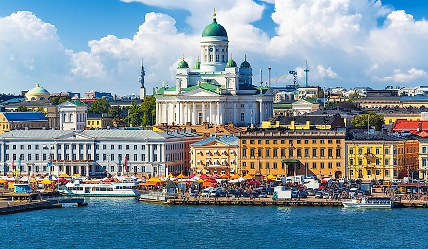 Scenic summer panorama of the Market Square (Kauppatori) at the Old Town pier in Helsinki, Finland