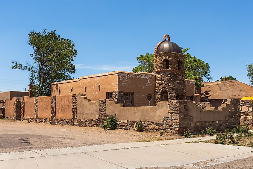 A traditional adobe-style building in the city center of Tucumcari, New Mexico.