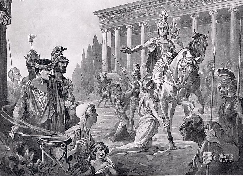 Alexander at the Sack of Thebes in 335 BC (illustration from Hutchinson's History of the Nations, 1915)