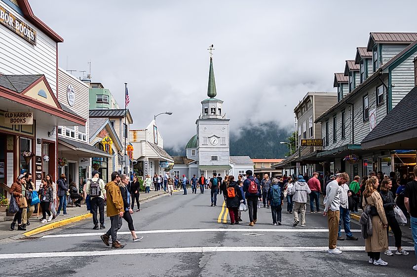 View of the historic Main Street in Sitka, Alaska.