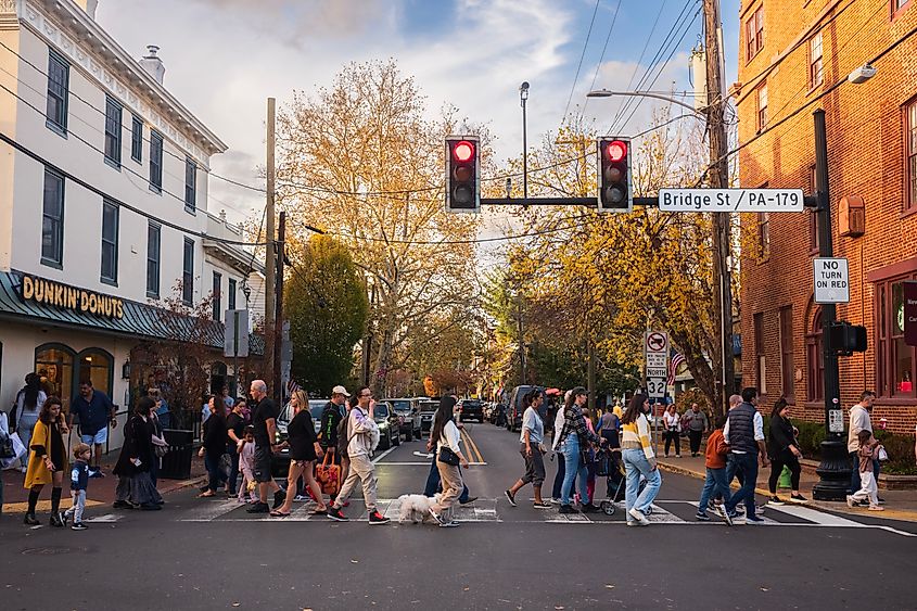 Pedestrians cross Main Street in New Hope, a popular travel desitation where one can find many shops and restaurants within walking distance. Editorial credit: JWCohen / Shutterstock.com