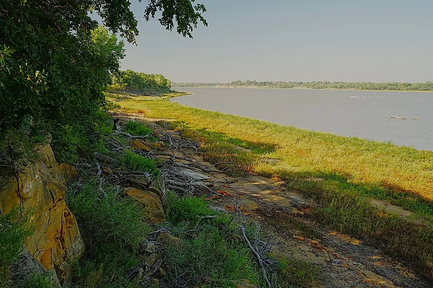 Scenic view at Kanopolis Lake State Park in Kansas with rolling hills, water, and natural vegetation