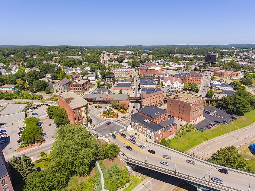 Woonsocket Main Street Historic District aerial view in downtown Woonsocket, Rhode Island