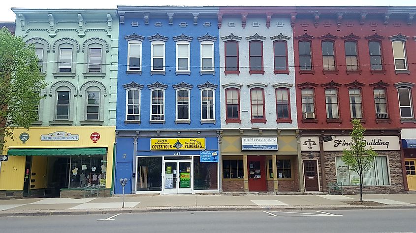 Colorful buildings lining Main Street in Honesdale, Pennsylvania.