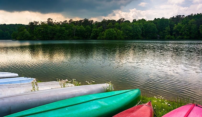 Canoes along the shore of Prettyboy Reservoir in Baltimore, Maryland.