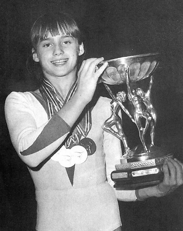 Nadia Comăneci at the 1977 European Championships in Prague.