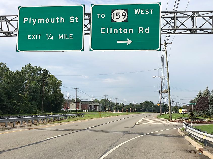 View west along U.S. Route 46 at the exit to New Jersey State Route 159 westbound (Clinton Road) in Fairfield Township, Essex County, New Jersey