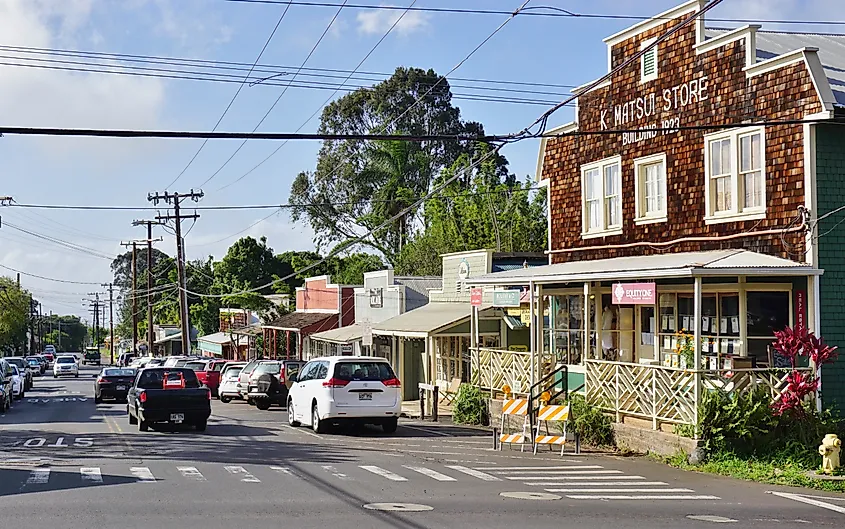 Town of Makawao on the slope of Haleakala volcano in Maui, home to paniolo cowboys and a haven for artists in the upcountry region