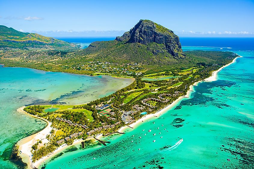 Aerial view of Mauritius island and Le Morne Brabant mountain