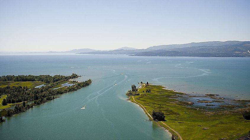 Flathead River empties into the north end of Flathead Lake at Bigfork, Montana.