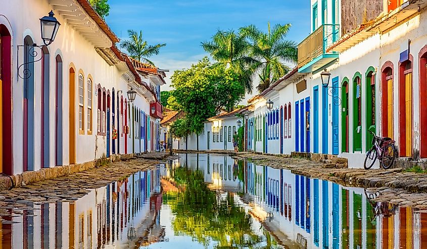 Street of historical center in Paraty, Rio de Janeiro, Brazil.