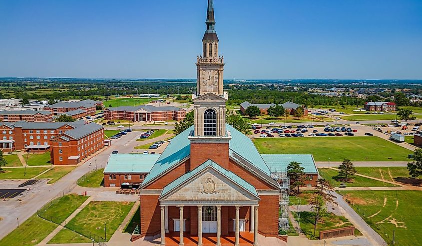 Aerial view of the Raley Chapel of Oklahoma Baptist University at Oklahoma