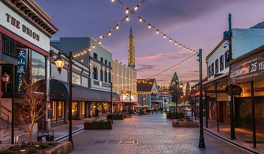 The Plaza on Mill Street at dusk Grass Valley, California