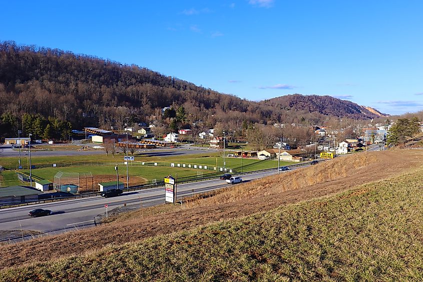 Elevated view of Berkley Springs from a mountain, Editorial credit: Alejandro Guzmani / Shutterstock.com