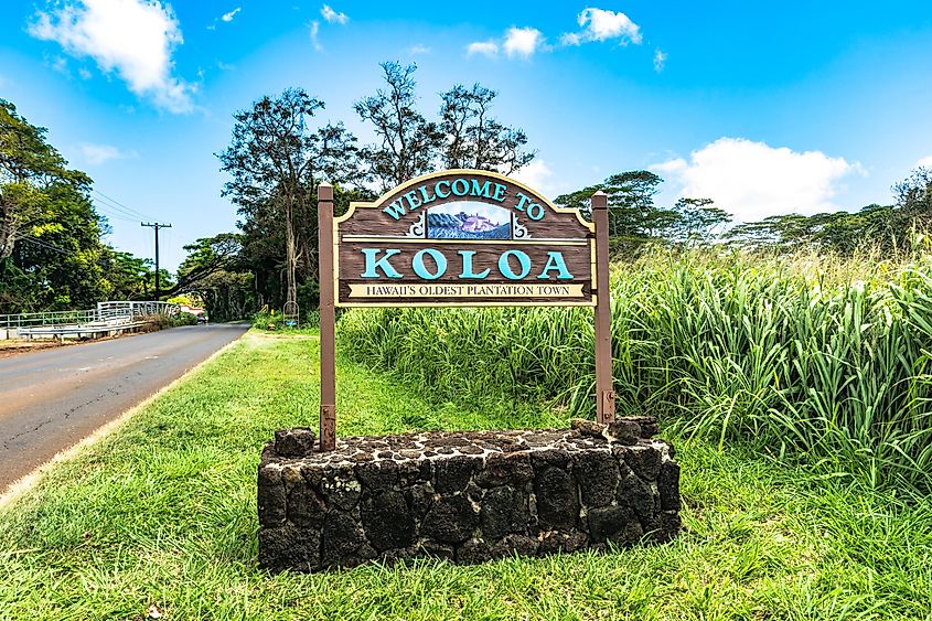A sign welcoming visitors to Koloa, Hawaii.