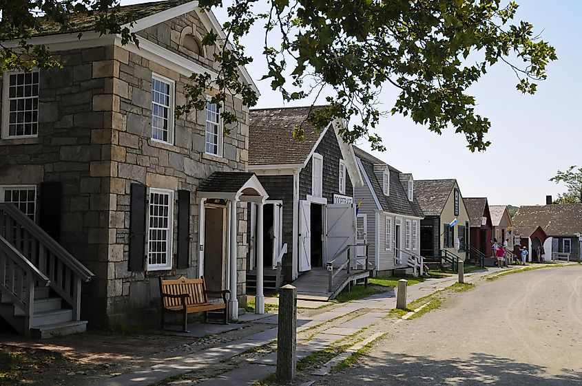Row of houses at Mystic Seaport in Mystic, Connecticut, USA.
