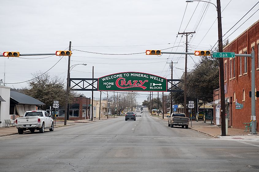 A welcome sign over a road in Mineral Wells, Texas.