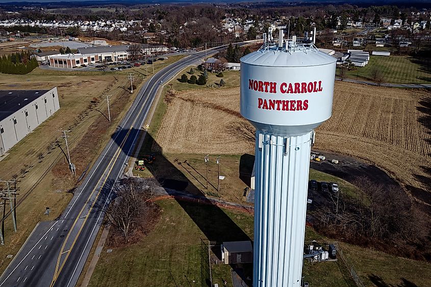 An overhead shot of Hampstead, Maryland featuring a water tower. Editorial credit: Justin Summers / Shutterstock.com