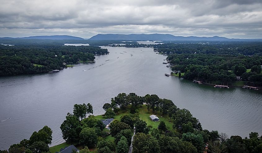 Aerial photo of Smith Mountain Lake in Virginia on a cloudy summer day