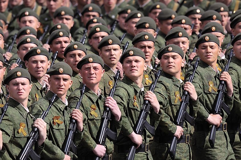 Russian troops on parade in Victory Day celebration, May 9th 2011. Credit Shutterstock: ID1974.