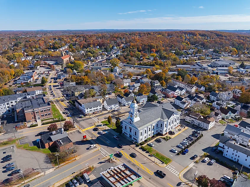 Aerial view of Milford Town Hall at 52 Main Street in Milford, Massachusetts.