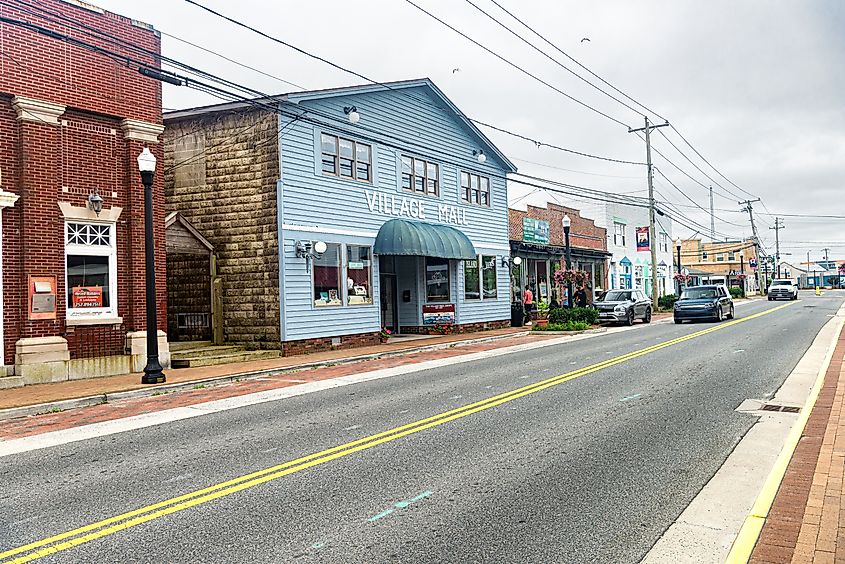 Main Street of Chincoteague, Virginia, an old island town and fishing resort by the Atlantic Ocean.