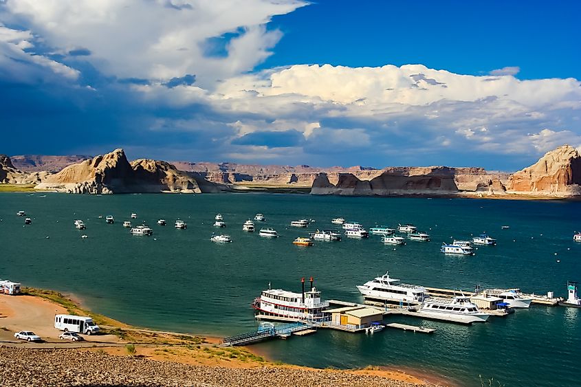 Boats moored in the waters of Lake Powell, Arizona.
