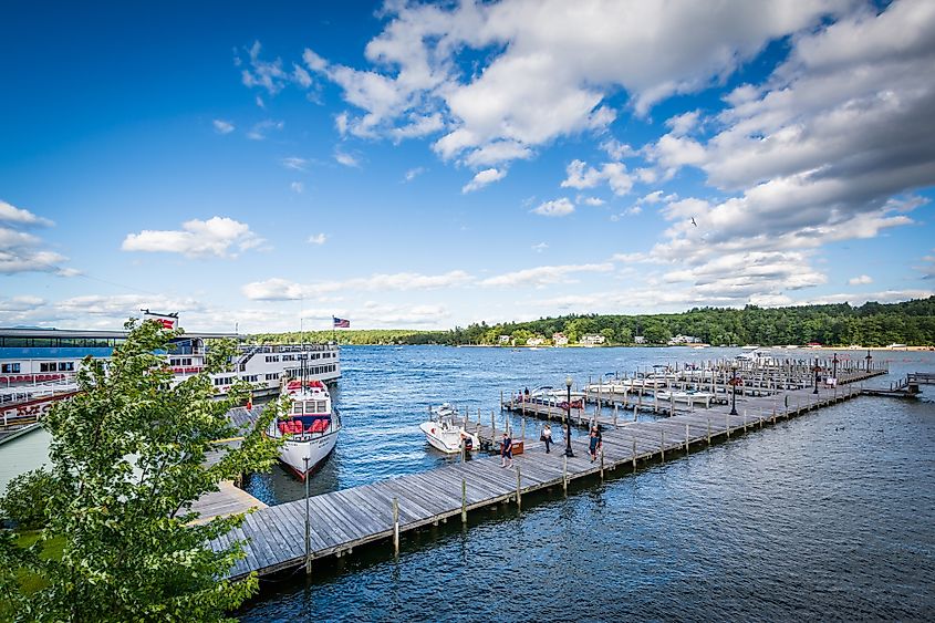 View of docks on Lake Winnipesaukee in Weirs Beach, Laconia, New Hampshire.