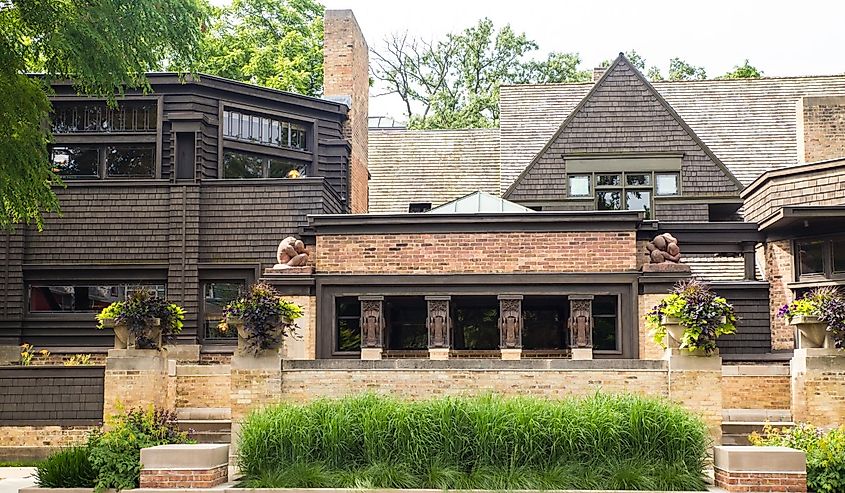 View of home and studio of influential architect Frank Lloyd Wright as seen from the outside.