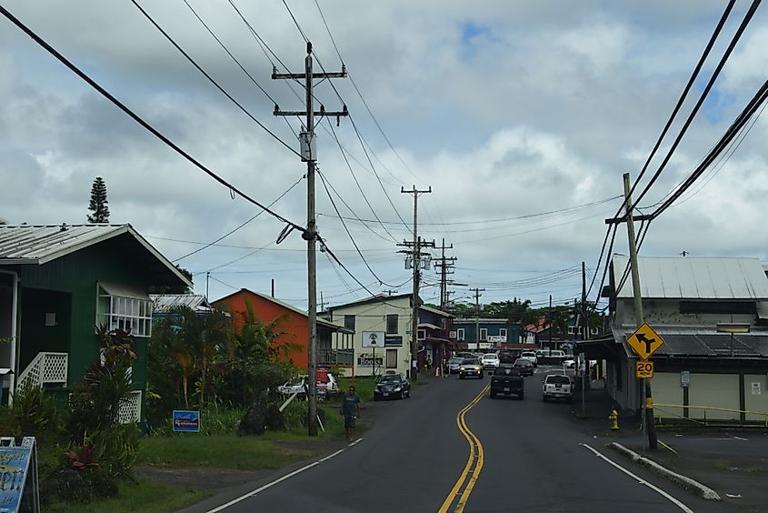 Hawaii Route 130 passing through the town of Pahoa, Hawaii.