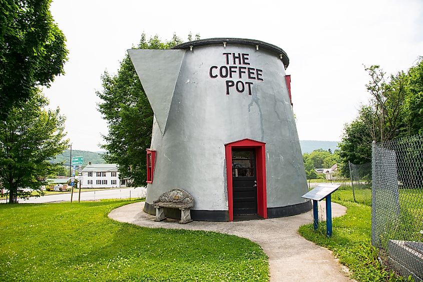 The Coffee Pot in Bedford, Pennsylvania is an example of novelty architecture. The lunch stand was built in the shape of a coffee pot by David Koontz in 1927.