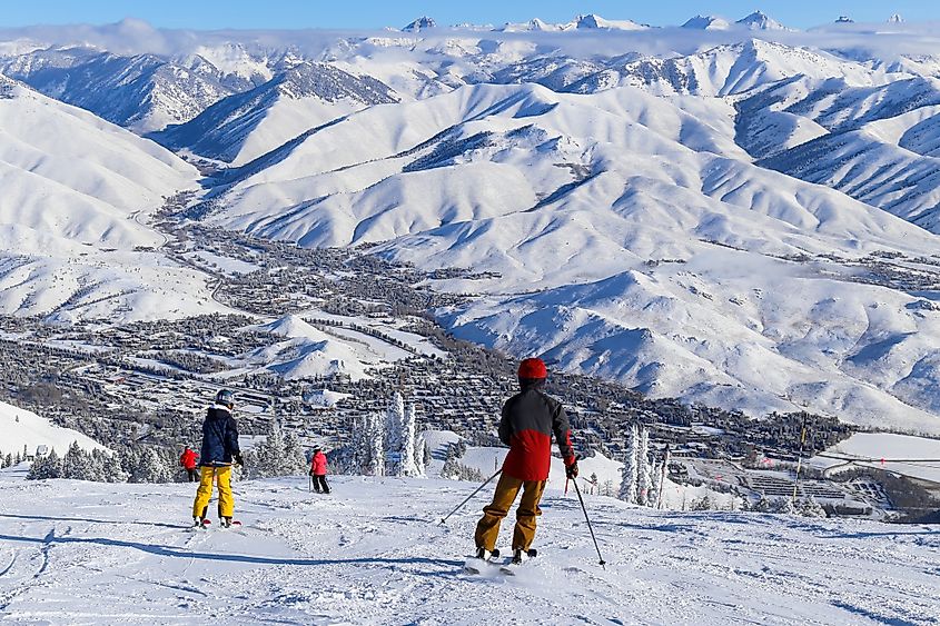 People enjoying Alpine skiing on Mount Baldy near Ketchum, Idaho.