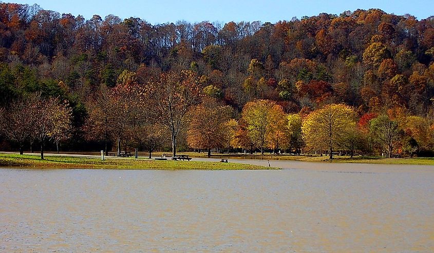 Photo of Beech Fork Lake at Beech Fork State Park in Wayne County, West Virginia, with fall foliage and picnic tables