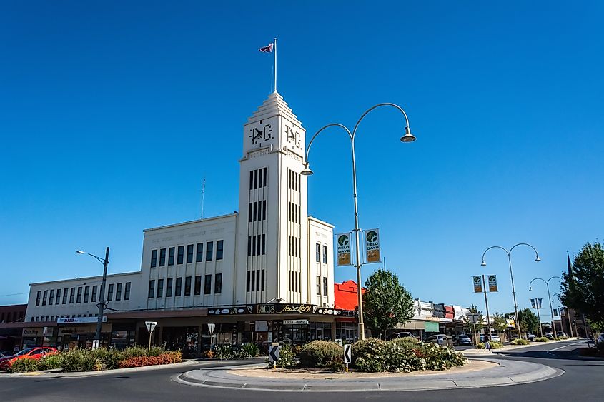 Horsham, Victoria, Australia - March 4, 2017. Exterior view of historic T&G Building in Horsham, VIC, across a roundabout.