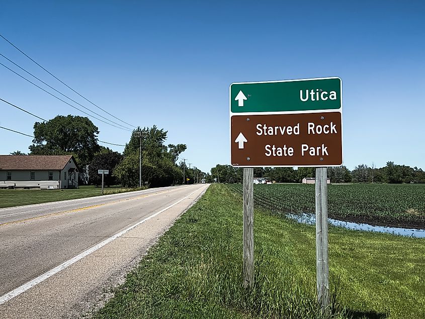 A road sign to Utica in Illinois.